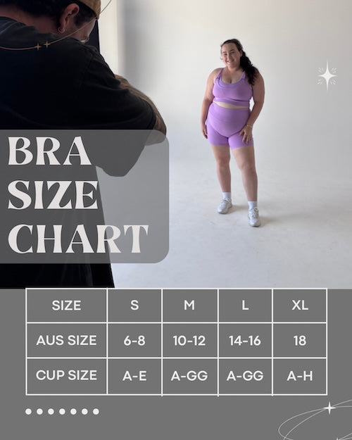 Bra size chart for Nunu Move nursing sports bras. Chart displays sizes S to XL, covering AU sizes 6-18 and inclusive cup sizes A to H, highlighting the supportive fit for voluminous and large busts.