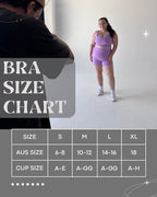 Bra size chart for Nunu Move nursing sports bras. Chart displays sizes S to XL, covering AU sizes 6-18 and inclusive cup sizes A to H, highlighting the supportive fit for voluminous and large busts.