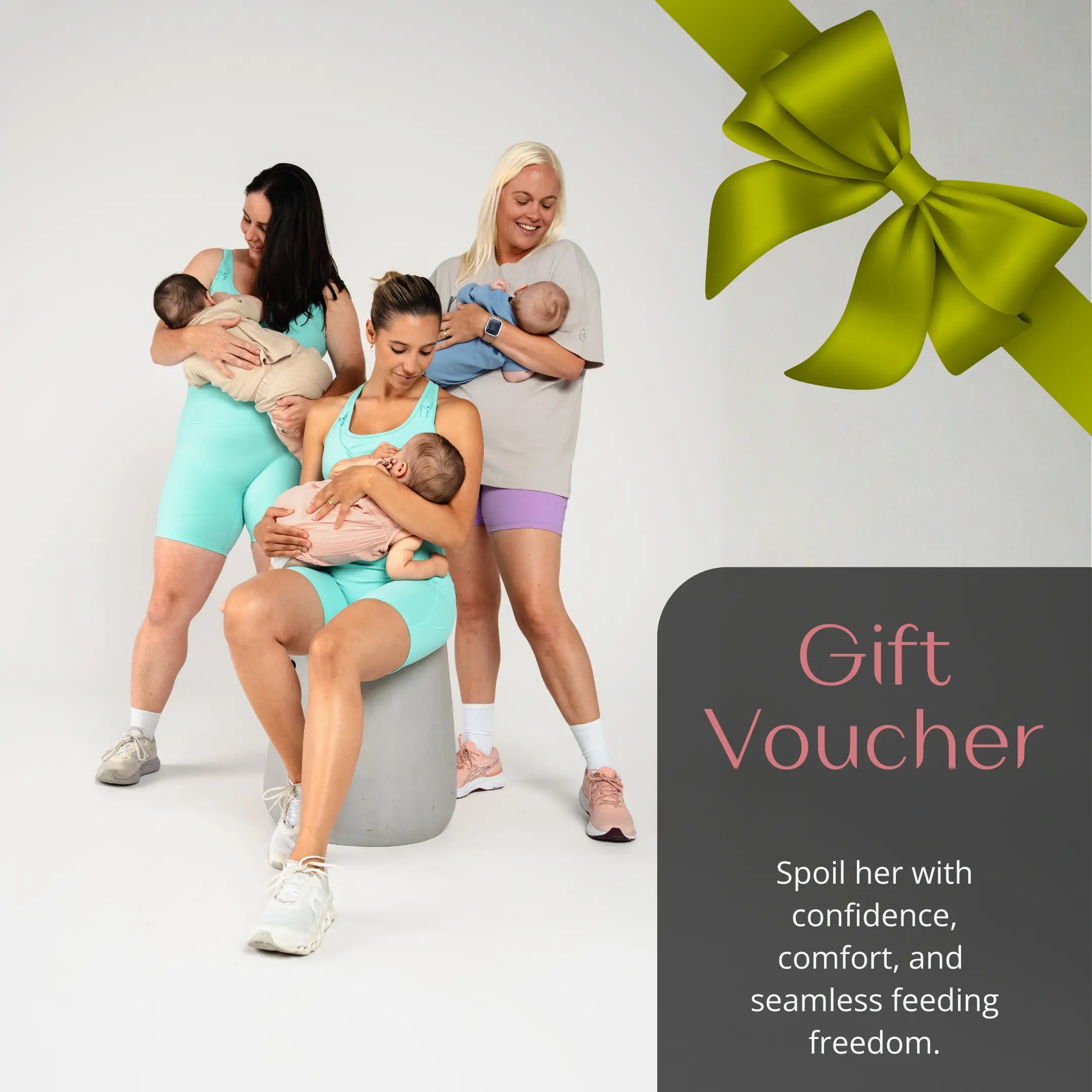 Three smiling breastfeeding mothers holding their babies, modelling teal and lilac breastfeeding activewear with a grey nursing tee. Text Overlay: 'Gift Voucher. Spoil her with confidence, comfort, and seamless feeding freedom.'