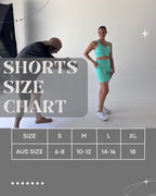 Shorts size chart for Nunu Move high-waisted active shorts. Chart displays sizes S to XL, covering AU sizes 6 to 18, promoting the comfortable, high-waisted fit for modern mums.