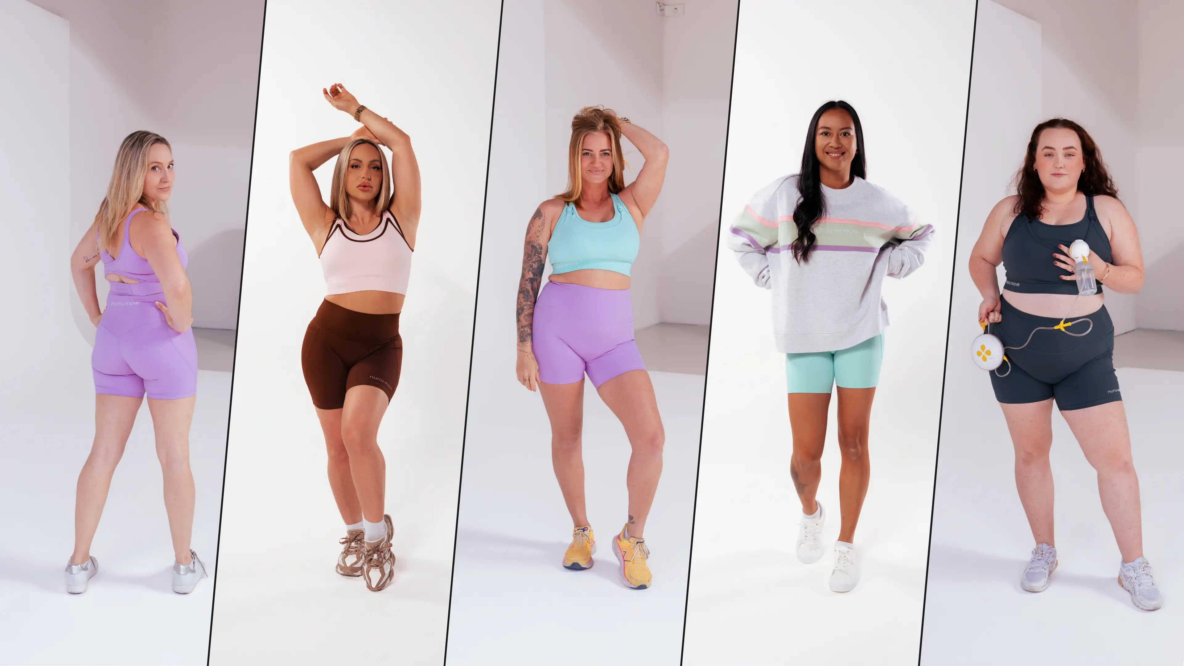 Five mums of different body types in Nunu Move nursing activewear on a studio background. Lilac set from behind, pink bra with espresso shorts, teal bra with lilac shorts, grey nursing jumper with mint shorts, and a green pumping set.